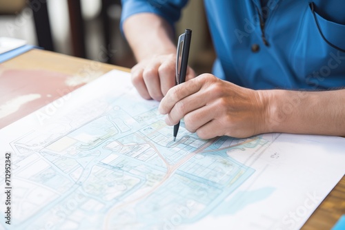 cartographers hand sketching a street map with inking pens