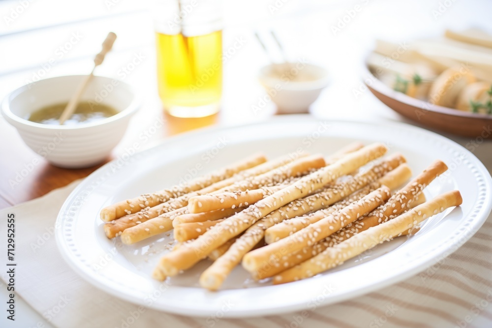breadsticks with sesame seeds on a white platter breadsticks with sesame seeds on a white platter