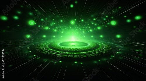 Background with green circles arranged in a circular pattern with a mirror effect and radial blur