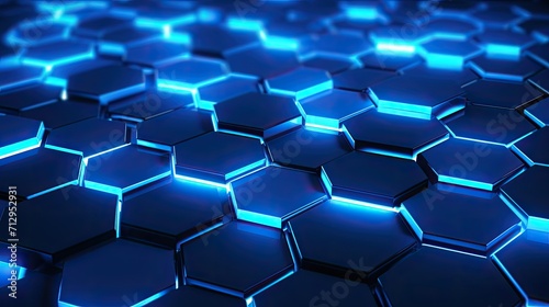 Background with neon blue hexagons arranged in a diamond pattern with a bokeh effect and color grading