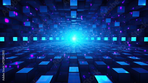 Background with neon blue squares arranged in a grid pattern with a kaleidoscope effect and radial blur