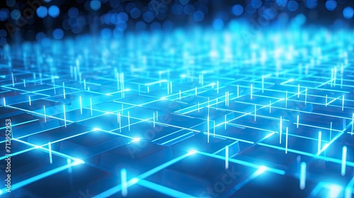 Background with neon blue squares arranged in a grid pattern with a motion blur effect and light streaks