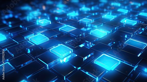 Background with neon blue squares arranged in a grid pattern with a motion blur effect and light streaks photo