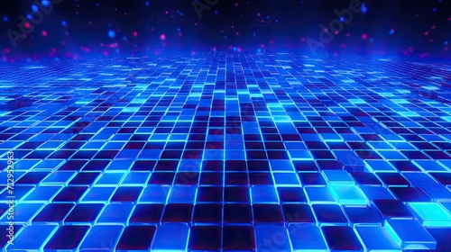 Background with neon blue squares arranged in a honeycomb pattern with a glitch effect and digital distortion