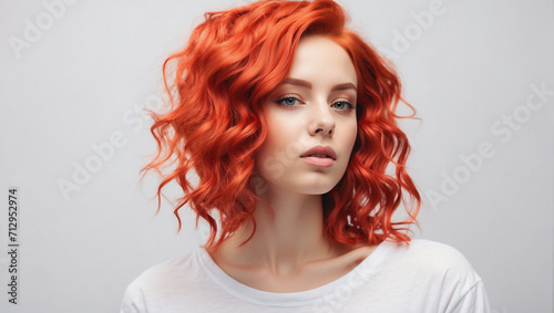 young woman with red hair isolated on bright white background