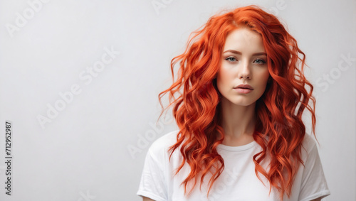 young woman with red hair isolated on bright white background photo