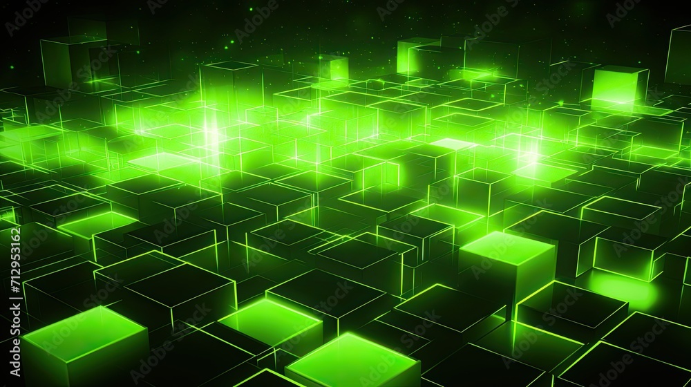 Background with neon green squares arranged randomly with a neon glow effect and lens flares