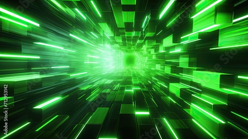 Background with neon green squares arranged randomly with a motion blur effect and light streaks