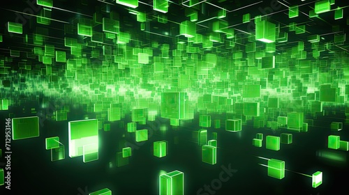 Background with neon green squares arranged randomly with a motion blur effect and light streaks