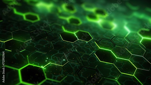 Background with neon green triangles arranged in a honeycomb pattern with a 3d effect and particle system