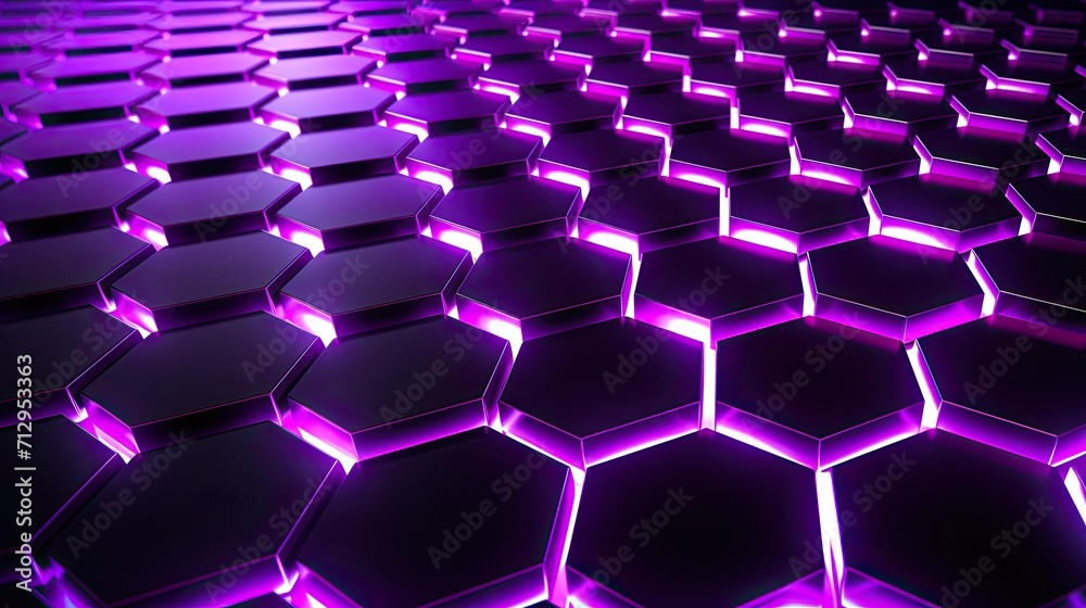 Background with neon purple hexagons arranged in a honeycomb pattern with a motion blur effect and light streaks Background with neon purple hexagons arranged in a honeycomb pattern with a motion blur effect and light streaks