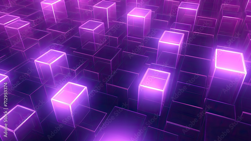 Background with neon purple squares arranged randomly with a motion blur effect and light streaks Background with neon purple squares arranged randomly with a motion blur effect and light streaks