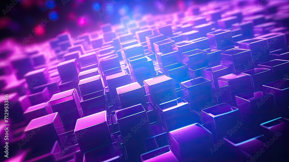 Background with neon purple squares arranged randomly with a motion blur effect and light streaks Background with neon purple squares arranged randomly with a motion blur effect and light streaks