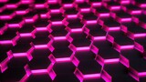 Background with neon pink hexagons arranged in a honeycomb pattern with a chromatic aberration effect and film grain