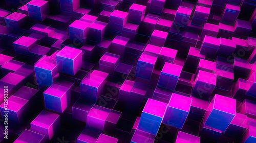 Background with neon pink squares arranged randomly with a chromatic aberration effect and film grain