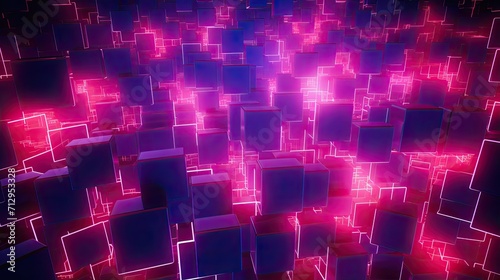 Background with neon pink squares arranged randomly with a 3d effect and particle system