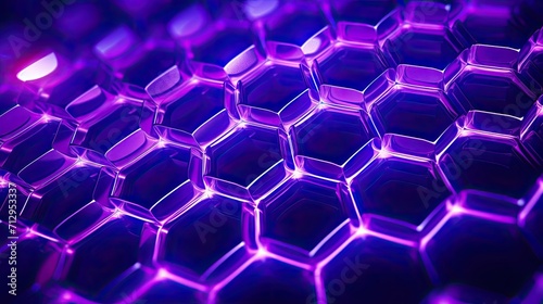 Background with neon purple circles arranged in a honeycomb pattern with a motion blur effect and light streaks