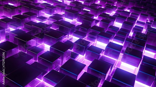 Background with neon purple squares arranged randomly with a motion blur effect and light streaks