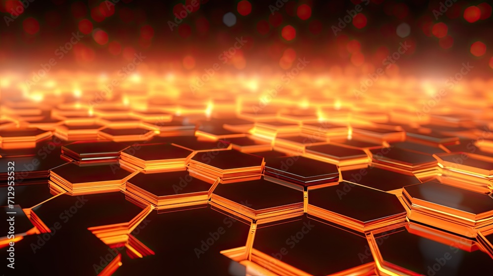 Background with orange hexagons arranged in a checkerboard pattern with a neon glow effect and lens flares Background with orange hexagons arranged in a checkerboard pattern with a neon glow effect and lens flares