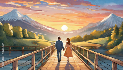 Loving couple walk into sunset looking at each other lovingly photo