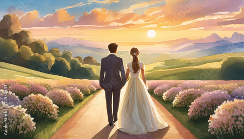 Just married couple walking into beautiful pastel sunset photo