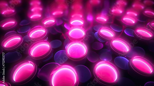 Background with pink circles arranged in a repeating pattern with a neon glow effect and lens flares