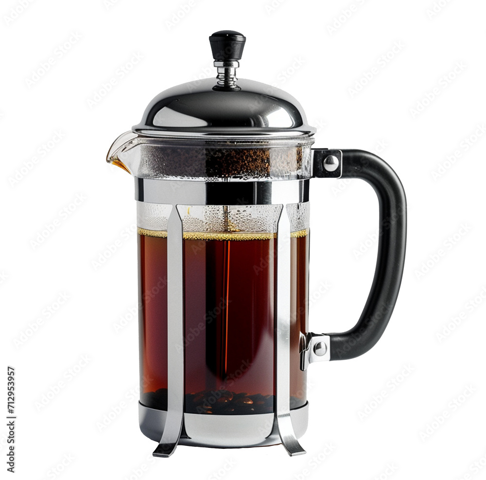 A coffee press with freshly brewed French press coffee, highlighting the plunger and the rich, full-bodied coffee against a white background. A coffee press with freshly brewed French press coffee, highlighting the plunger and the rich, full-bodied coffee against a white background.