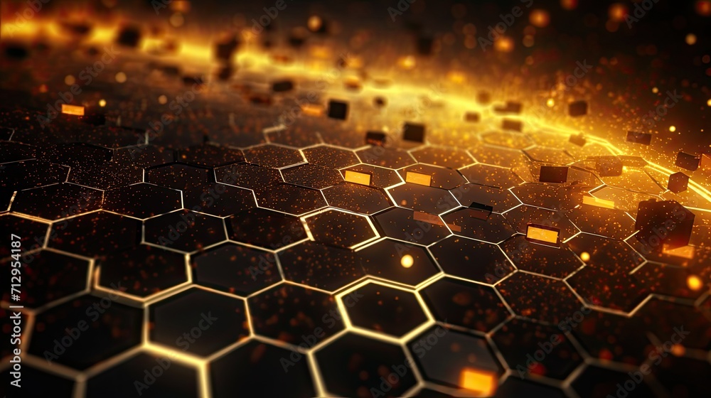 Background with yellow hexagons arranged in a circular pattern with a 3d effect and particle system - obrazy, fototapety, plakaty 