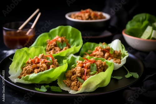 Asian lettuce wraps. Green salad leaf stuffed with delicious chicken. Generate ai