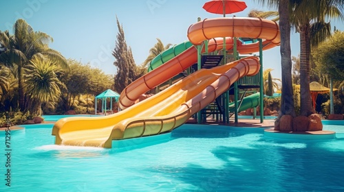 Colorful Water Park Slides with Pool and Palms