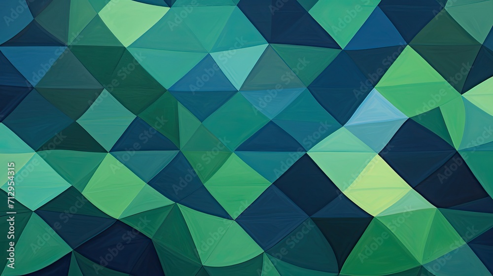 An abstract pattern with geometric shapes in shades of green and blue