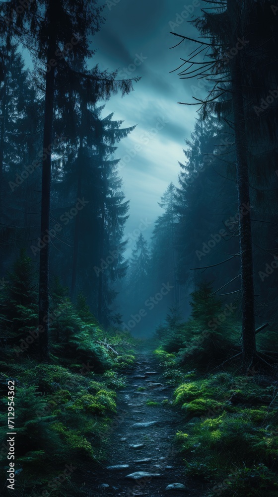 Obraz premium Atmospheric photo of twilight mysterious forest 4k