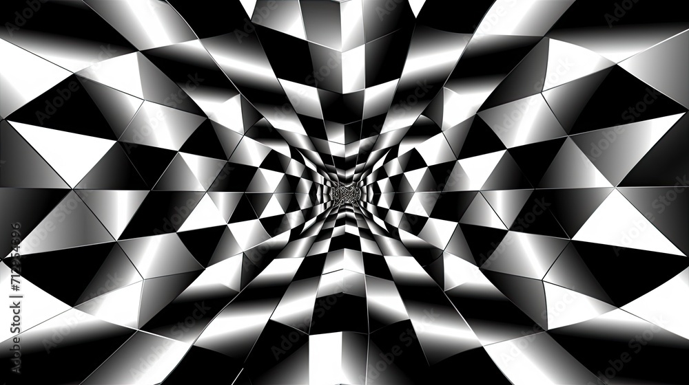 Background with black and white triangles arranged in a checkerboard pattern with a mirror effect and radial blur - obrazy, fototapety, plakaty 
