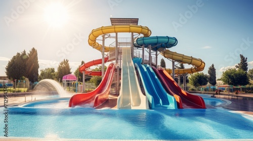Colorful Water Park Slides with Pool and Palms