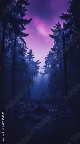 Atmospheric photo of twilight mysterious forest 4k