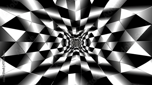 Background with black and white triangles arranged in a checkerboard pattern with a mirror effect and radial blur