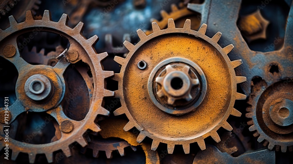 A close-up image capturing the intricate details of old rusty gears. A close-up image capturing the intricate details of old rusty gears.