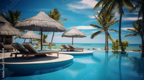 Beachside Resort Pool with Sun Loungers and Umbrellas © Shadowkiruu