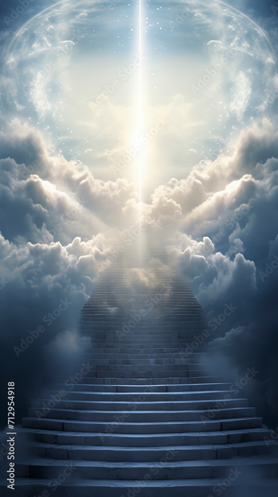 Aesthetic depicting a stairway to heaven , surrounded by clouds and celestial imagery. - obrazy, fototapety, plakaty 
