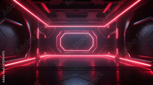 Futuristic sci-fi concrete room with glowing neon