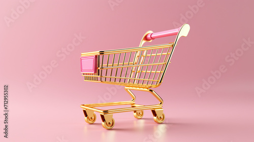 Golden shopping cart on pink background