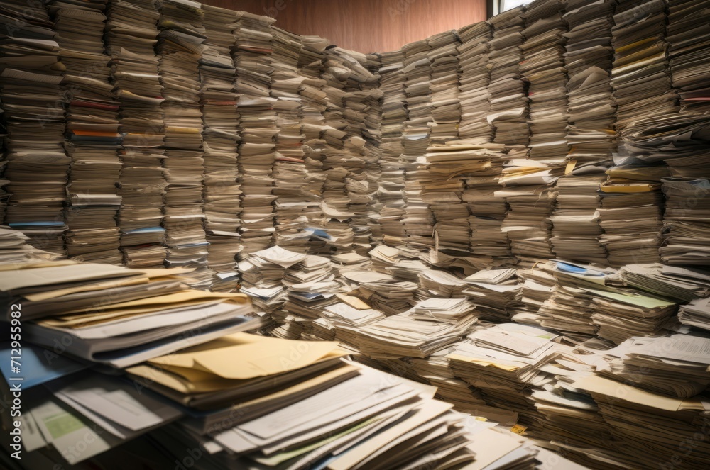 Obraz premium Bureaucracy piles paperwork. Unrealistic amount unsorted letters and documents. Generate AI