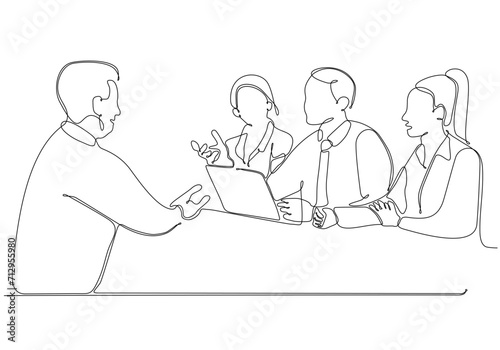 Continuous line drawing of group of business people discussing in conference room. Creative business team brainstorming over new project isolated on white background