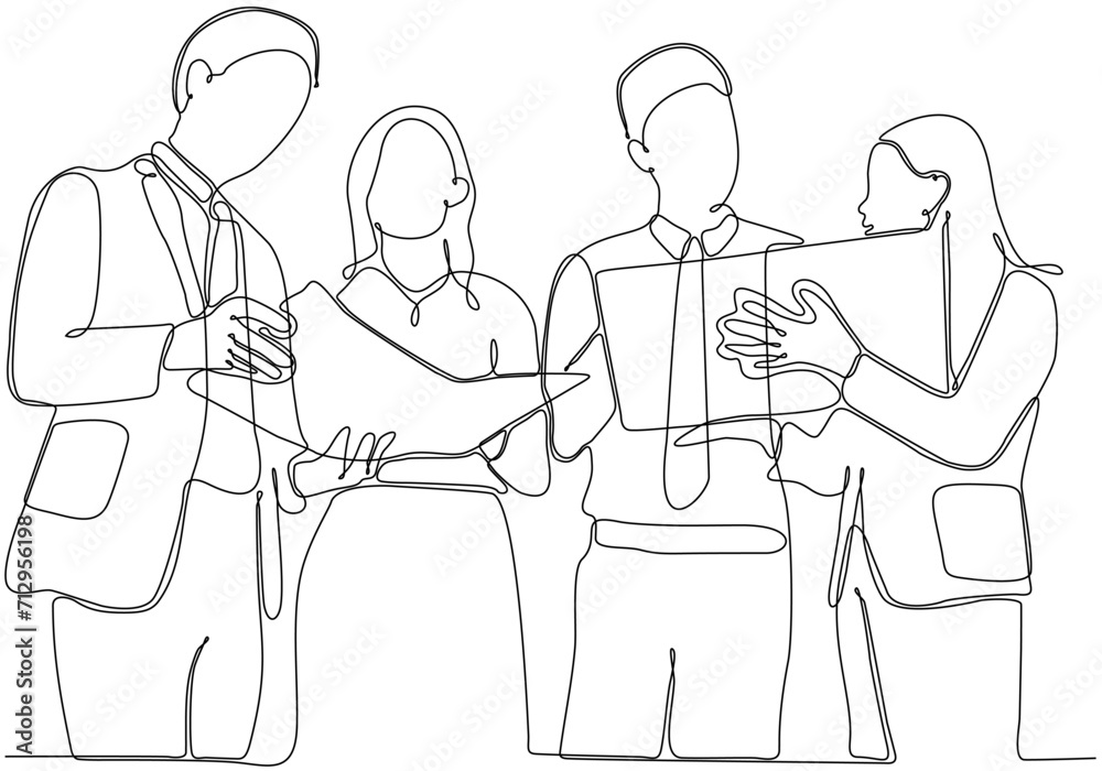 Continuous line drawing of group of business people discussing in conference room. Creative business team brainstorming over new project isolated on white background Continuous line drawing of group of business people discussing in conference room. Creative business team brainstorming over new project isolated on white background