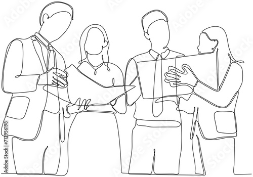 Continuous line drawing of group of business people discussing in conference room. Creative business team brainstorming over new project isolated on white background