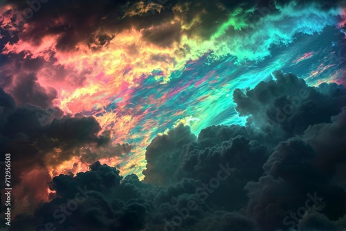 Assorted intensely iridescent opalescent rainbow-chrome-holographic storm clouds.
