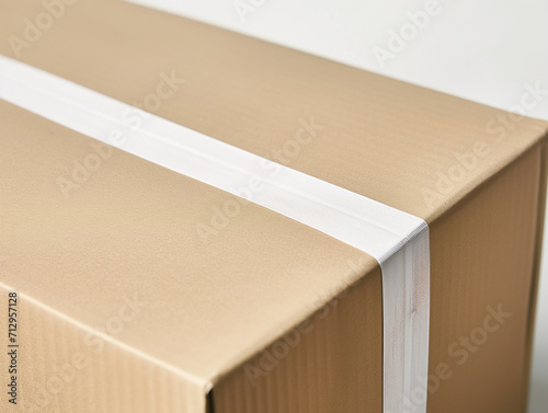 Close up of kraft box brown cardboard with blank white adhesive tape mockup © Nuchylee