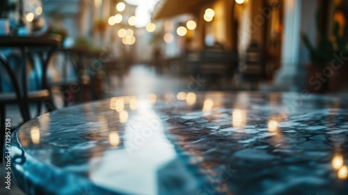 empty table marble blur background of street cafe with bokeh light, Advertisement, Print media, Illustration, Banner, for website, copy space, for word, template, presentation.