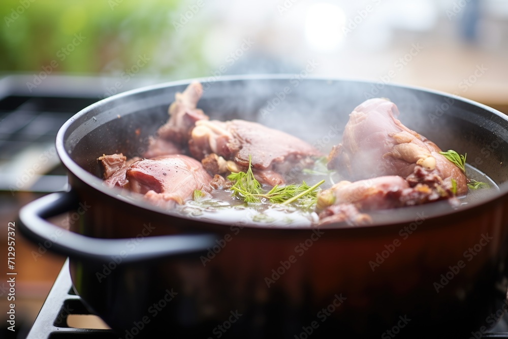 partially cooked coq au vin in pot, steam rising partially cooked coq au vin in pot, steam rising