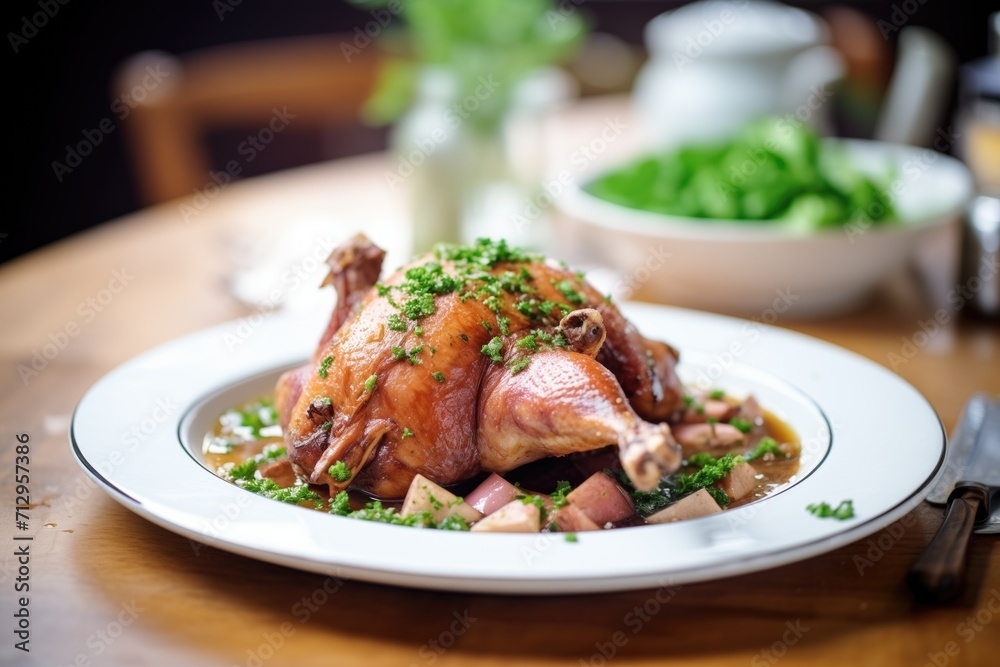 coq au vin served with a sprinkling of chopped parsley coq au vin served with a sprinkling of chopped parsley